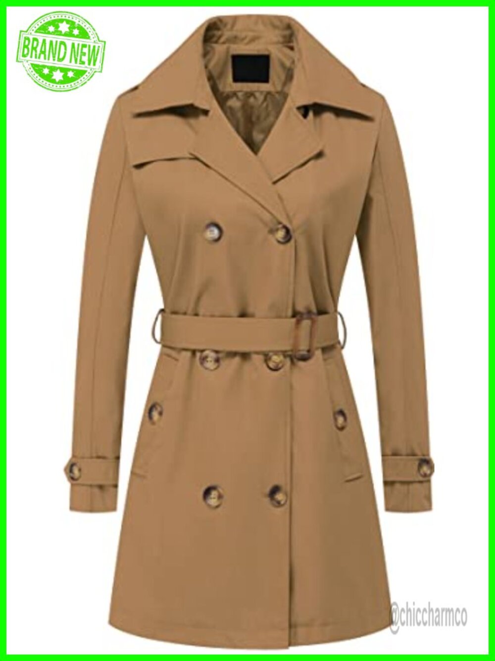 Women's Double Breasted Trench Coat Mid-Length Belted Overcoat Detachable Hood